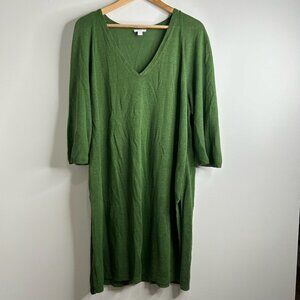 J Jill Dress Womens Large Green Linen Blend 3/4 Sleeve V Neck Pocket Pullover